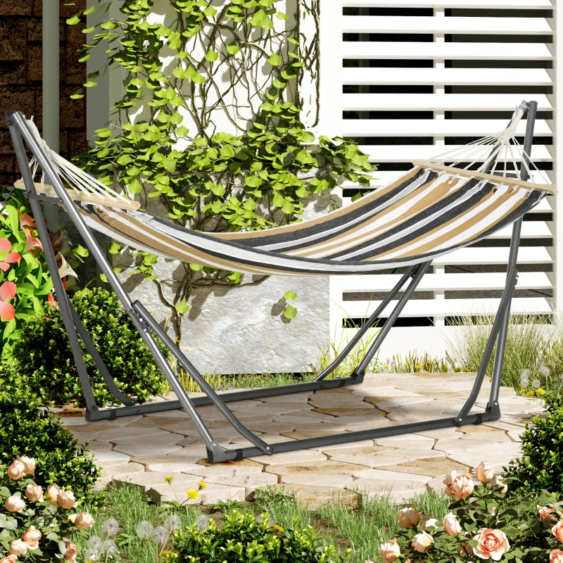 Outsunny Hamac de jardin pliable étendoir à linge avec support incurvé en métal époxy hamac sur pied 1 place charge max. 120 Kg