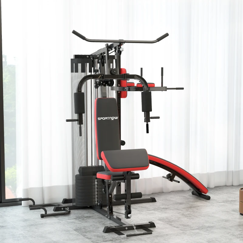 SPORTNOW Station Multi Gym avec Poids de 65 kg, Équipement de Musculation avec Banc pour Abdominaux, Noir et Rouge