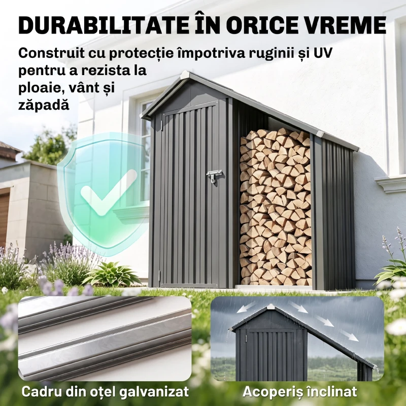 Outsunny Șopron Exterior pentru Lemne cu Dulap pentru Unelte, 0,77 m², 150x66x162 cm, Din Oțel Galvanizat, Gri Închis