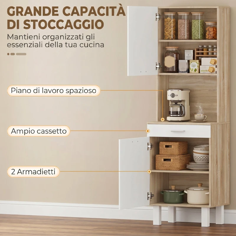 HOMCOM Credenza Cucina con Ripiani Aperti, 2 Armadietti e Cassetto, in Legno e Metallo, 55x40x175 cm, Bianco e Legno