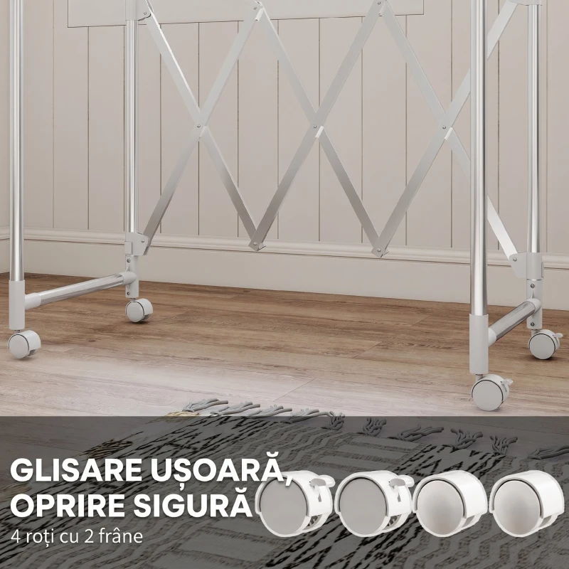 HOMCOM Uscător de Rufe Pliabil cu 3 Bare Reglabile, Roți Rotative și Cadru din Oțel Inoxidabil, Argintiu