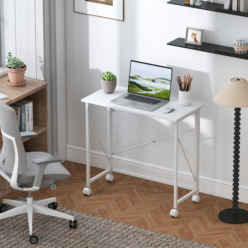 HOMCOM Schreibtisch mit Rollen Faltbarer Bürotisch mit Stahlgestell für Arbeitszimmer Schlafzimmer 80 x 40 x 75 cm Weiß