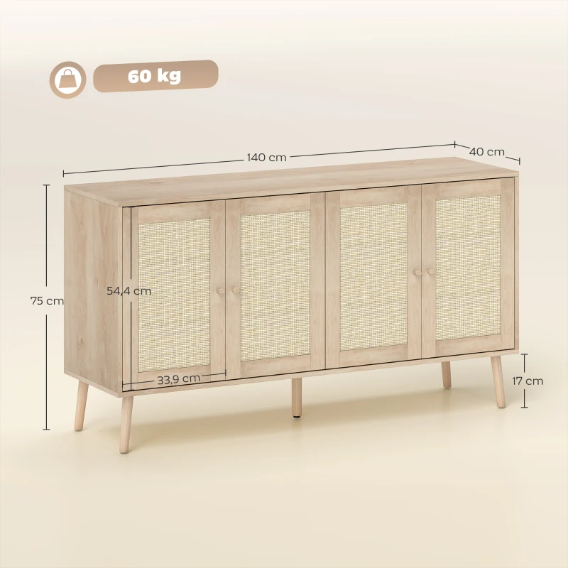 HOMCOM Buffet para sala móvel de arrumação armários com portas em palhinha e prateleira regulável 140 x 40 x 75 cm efeito madeira natural