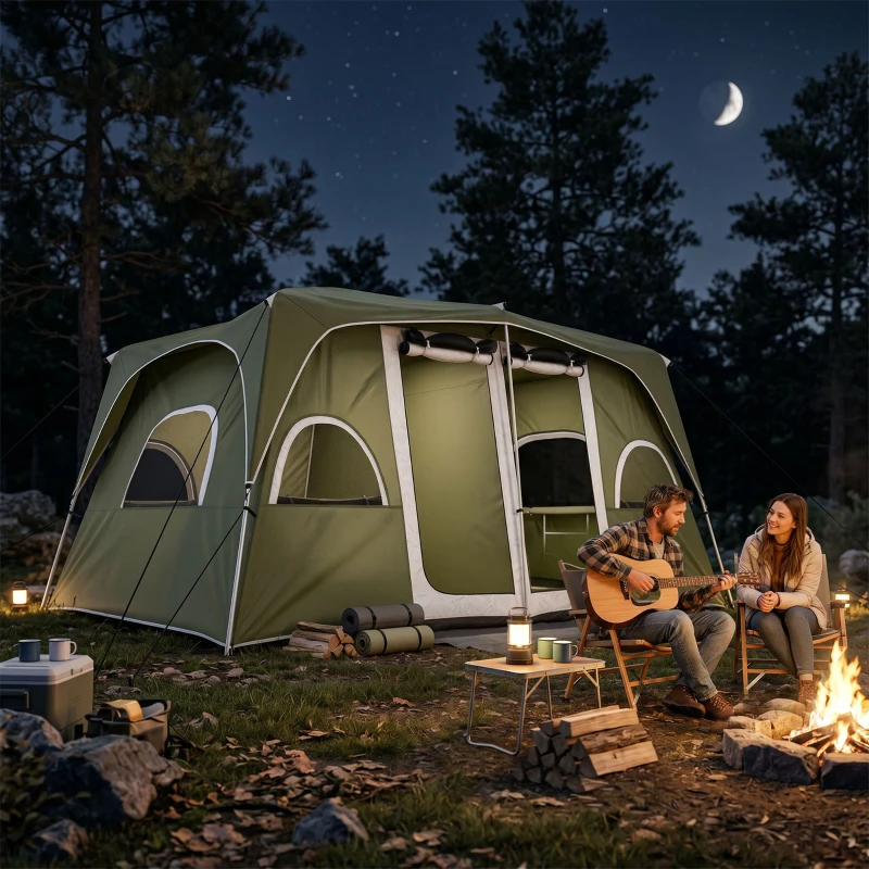 Outsunny Camping Tent, Family Tent 4-8 Person 2 Room, with Large Mesh Windows, Easy Set Up for Backpacking Hiking Outdoor, Green