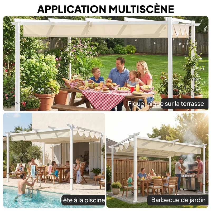 Outsunny Pergola Tonnelle de Jardin Toit Rétractable avec Toile Coulissante Magnétique et Trous de Drainage 390x297x227cm Beige