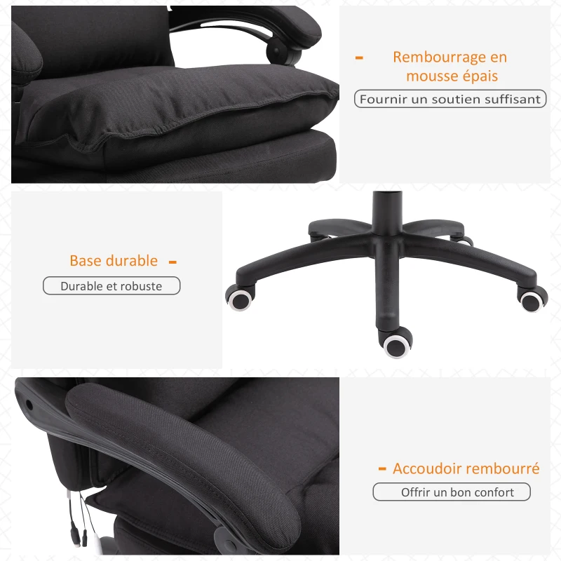 Vinsetto Poltrona de escritório com massagem, cadeira de escritório, cadeira ergonómica com altura ajustável, encosto reclinável, apoio para pés integrado e controlo remoto com fio, giratória a 360°, tecido de linho preto