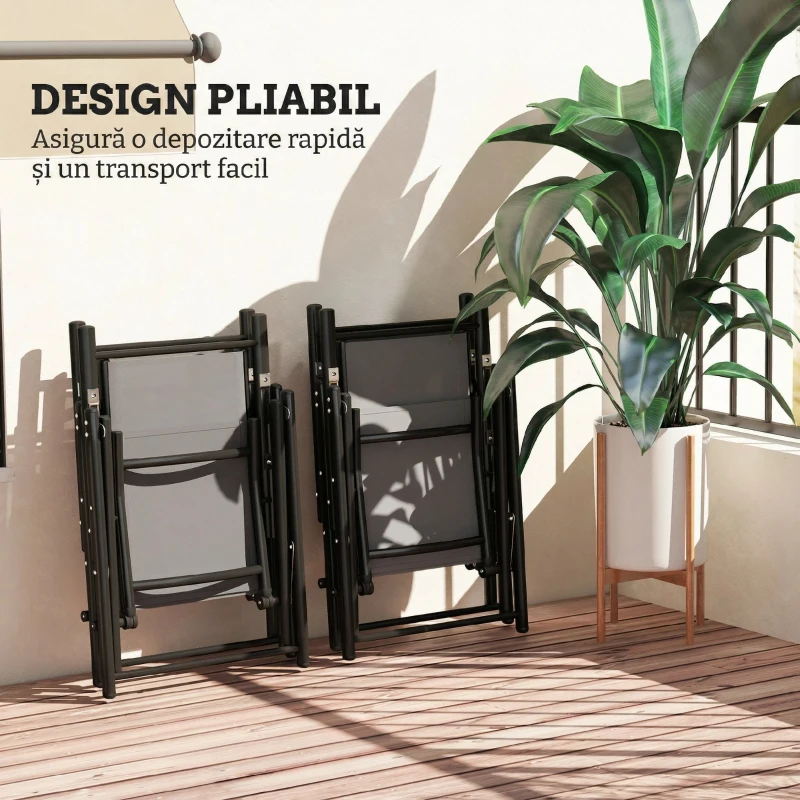 Outsunny Set 4 Scaune de Grădină Pliabile și Respirabile cu Brațe, din Oțel și Poliester, 56x69x106 cm, Gri
