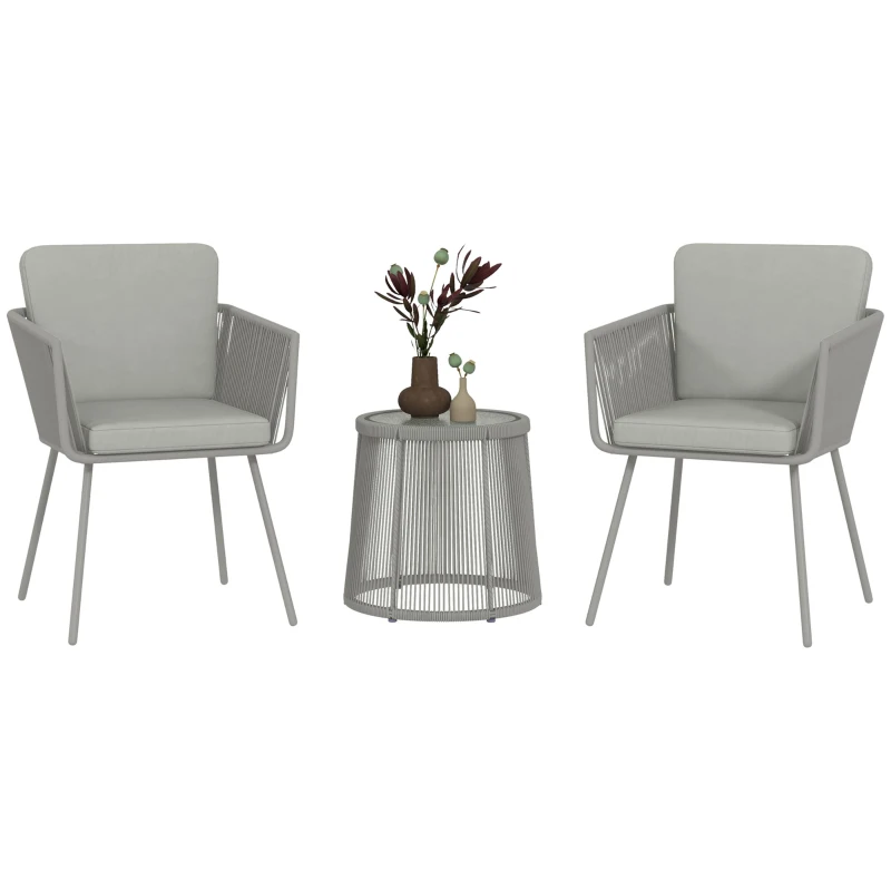 Outsunny Ensemble salon de jardin 3 pièces style colonial 2 fauteuils avec coussins gris table basse résine filaire acier époxy
