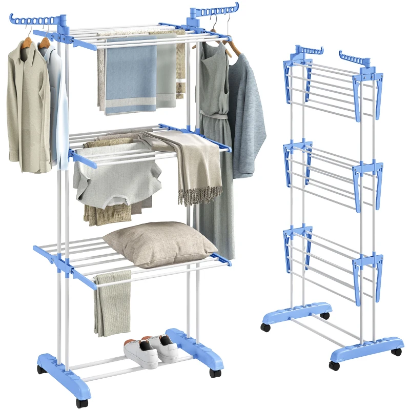 HOMCOM Foldable Clothes Drying Rack, 4-Tier Steel Garment Laundry Rack with Castors for Indoor and Outdoor Use, Blue