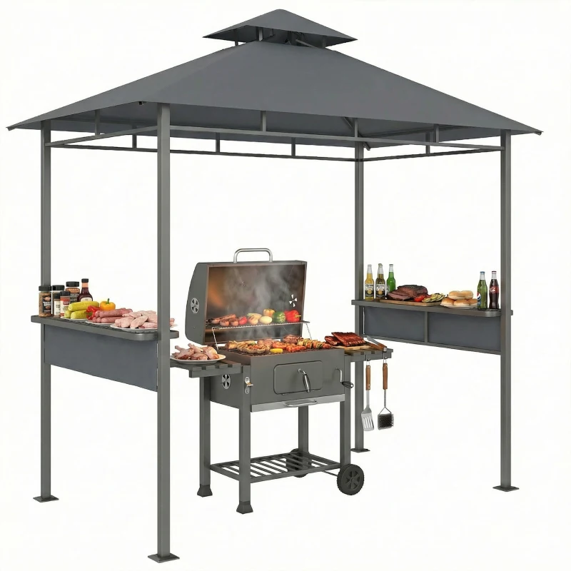 Outsunny Grillpavillon 2,4 x 1,4 m, Windfest Grillüberdachung mit Doppeldach Lüftungsöffnung Seitenregalen