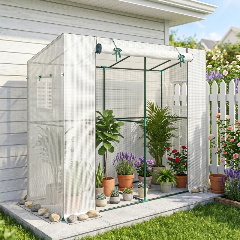 Outsunny Mini-estufa Estufa Encostada com Porta Enrolável e Janelas de Tela Resistente aos UV para Flores Mudas Plantas Branco