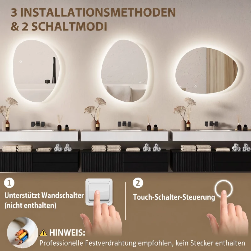 HOMCOM 70 x 50 cm Asymmetrischer Badspiegel mit LED-Licht, Smart Touch Schalter, Anti-Beschlag-Funktion, Silber