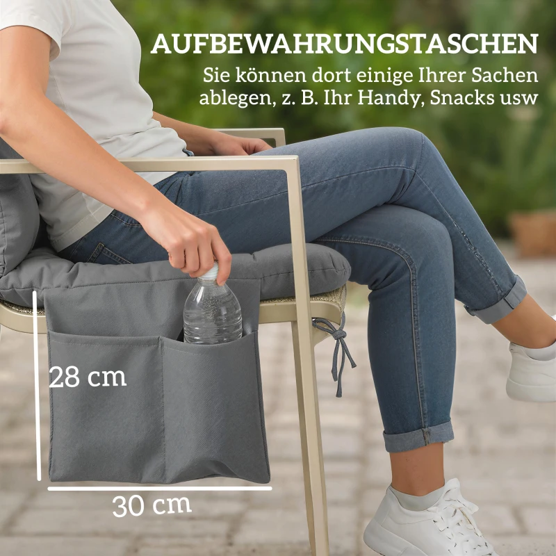 Outsunny Bankauflage 150x100x10 cm 3-Sitzer Bankkissen mit Bändern, Rückenlehne UPF30+ mit Seitentasche， dunkelgrau