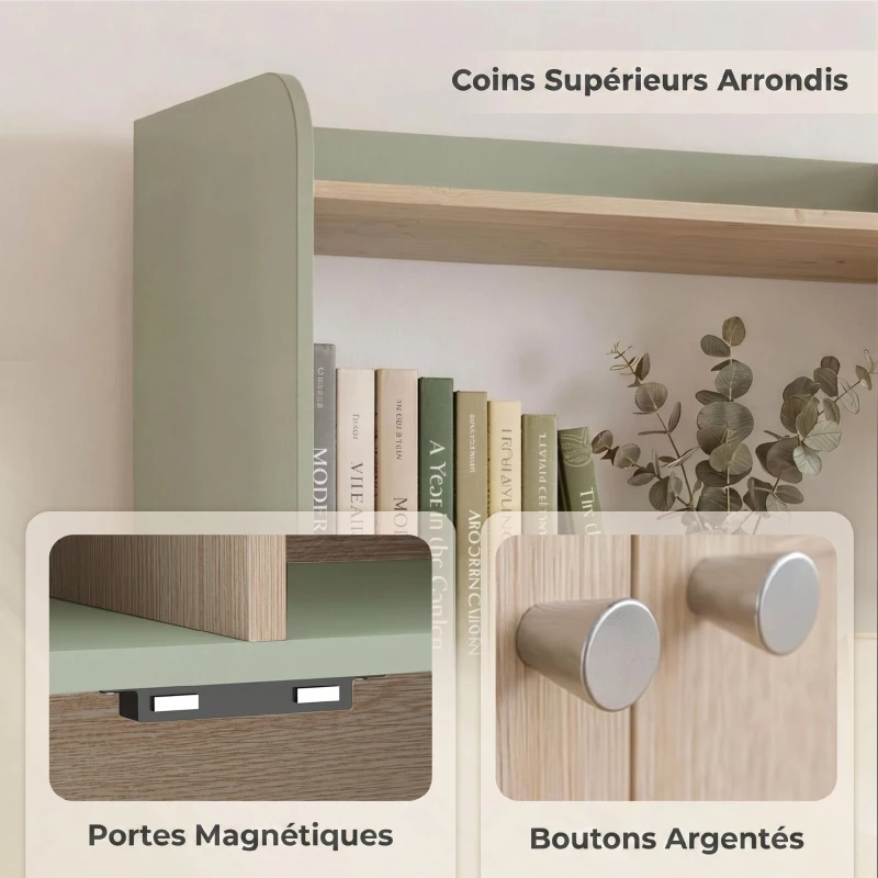HOMCOM Bibliothèque à 5 niveaux, meuble de rangement, étagère à livres avec 2 portes, 60 x 30 x 161,2 cm vert et bois naturel