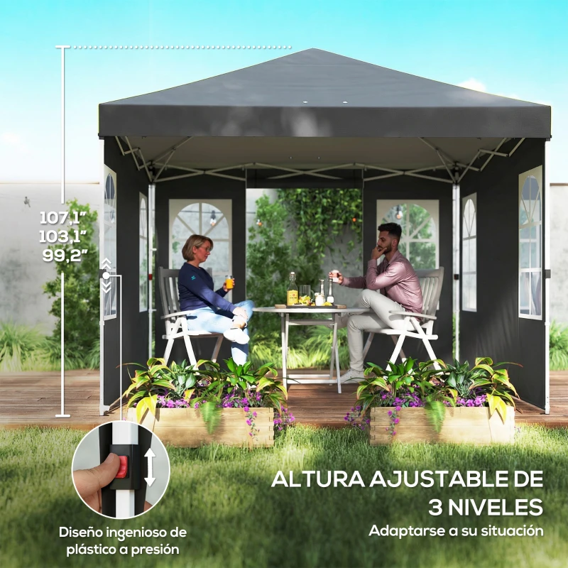 Outsunny Carpa Plegable 3x3 m Pop-up con UPF50+ 4 Laterales Desmontables Altura Ajustable y Bolsa de Transporte Gris Oscuro