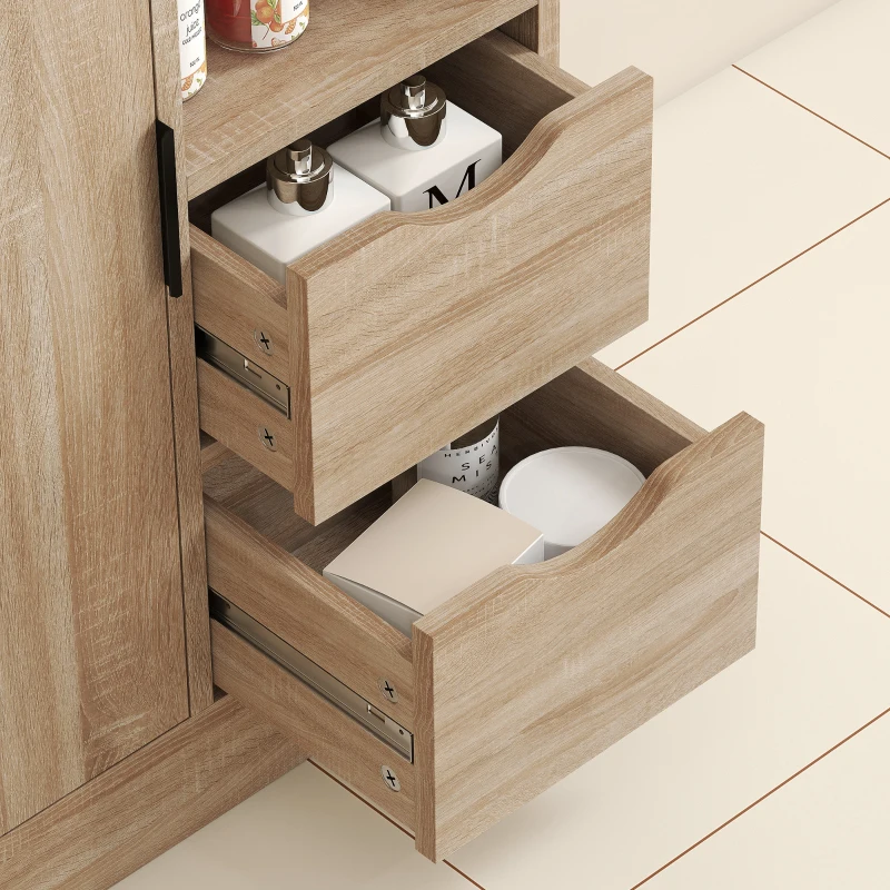 HOMCOM Meuble de salle de bain, meuble de rangement étroit avec 2 tiroirs, compartiments ouverts, 50x25x100cm, bois naturel