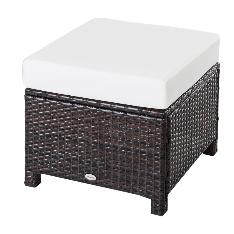 Outsunny Rattan Footstool Wicker Ottoman with Padded Seat Cushion Outdoor Patio Furniture for Garden Poolside Living Room, 50 x 50 x 35 cm, Brown