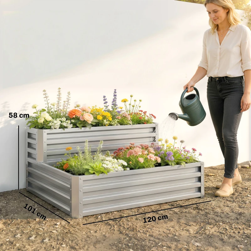 Outsunny Jardinera Exterior de Acero Galvanizado con Diseño de Escalera Base Abierta para Cultivos Plantas 120x101x58 cm Plata