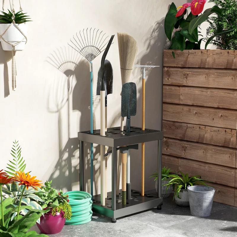 Outsunny Organizador de Ferramentas de Jardim Suporte de Ferramentas de Jardim 16 Compartimentos em 2 Níveis 42x33x50 cm Preto