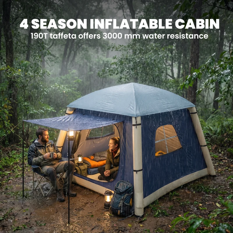 Outsunny Inflatable Camping Tent with Hand Pump, Easy Setup 1/2 Person Blackout Blow Up Tent, Dark Blue