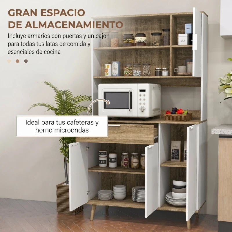 HOMCOM Alacena de Cocina Alta con 4 Puertas Estantes Ajustables Cajón Compartimentos Abiertos 98x39x180 cm Blanco y Natural