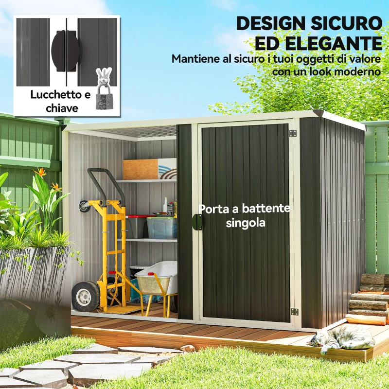 Outsunny Capanno da Giardino in Acciaio Zincato, Porta Bloccabile, 231 x 125 x 162 cm, Grigio