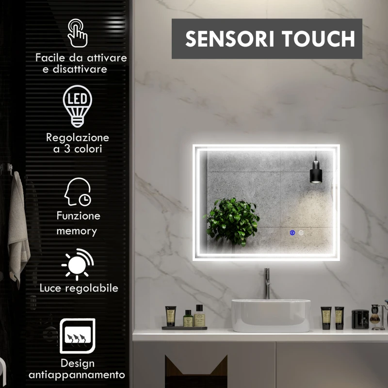 kleankin Specchio Bagno con Luce LED 3 Livelli Rettangolare, Antiappannamento e Interruttore Touch, 90x70cm