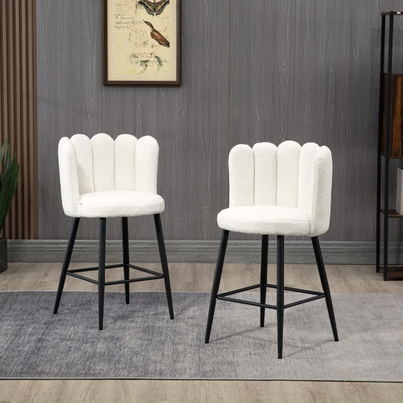 HOMCOM Lot de 2 chaises hautes tabourets de bar avec repose-pieds acier tissu effet laine bouclée hauteur 65 cm crème noir