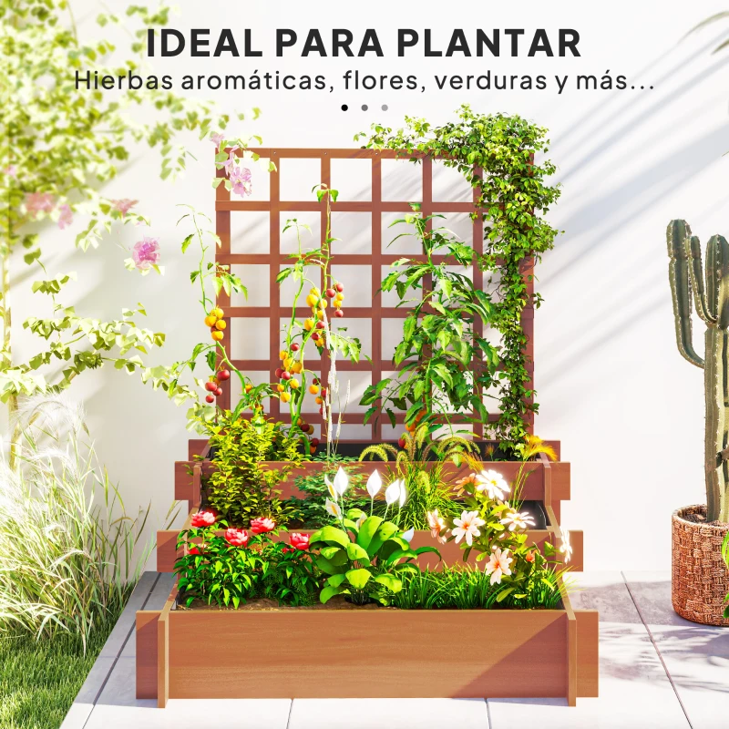 Outsunny Jardinera de 3 Niveles con Enrejado y Tela no Tejida para Cultivos Verduras Flores Hierbas 95x95x110 cm Natural