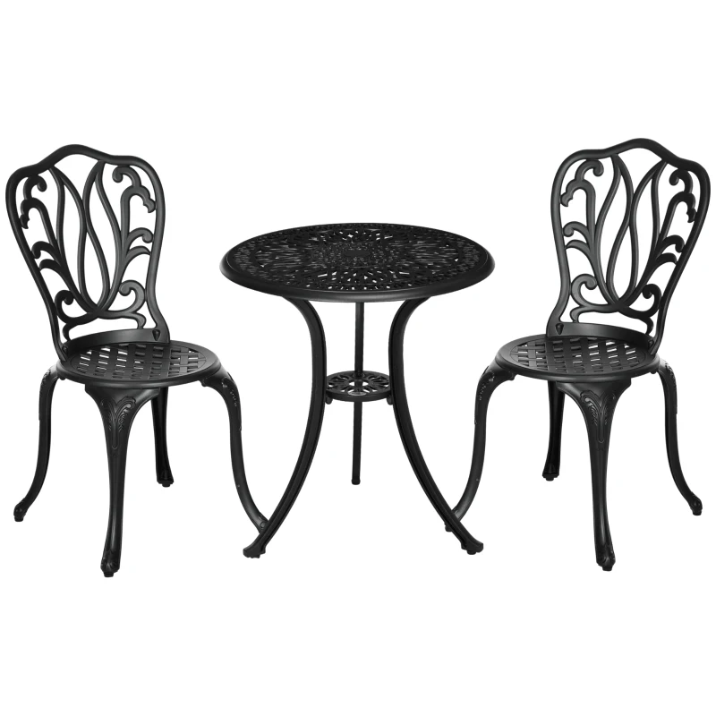 Outsunny Set de Grădină Exterior cu 2 Scaune și Masă din Aluminiu cu Orificiu pentru Umbrelă, 60x60x66 cm, Negru