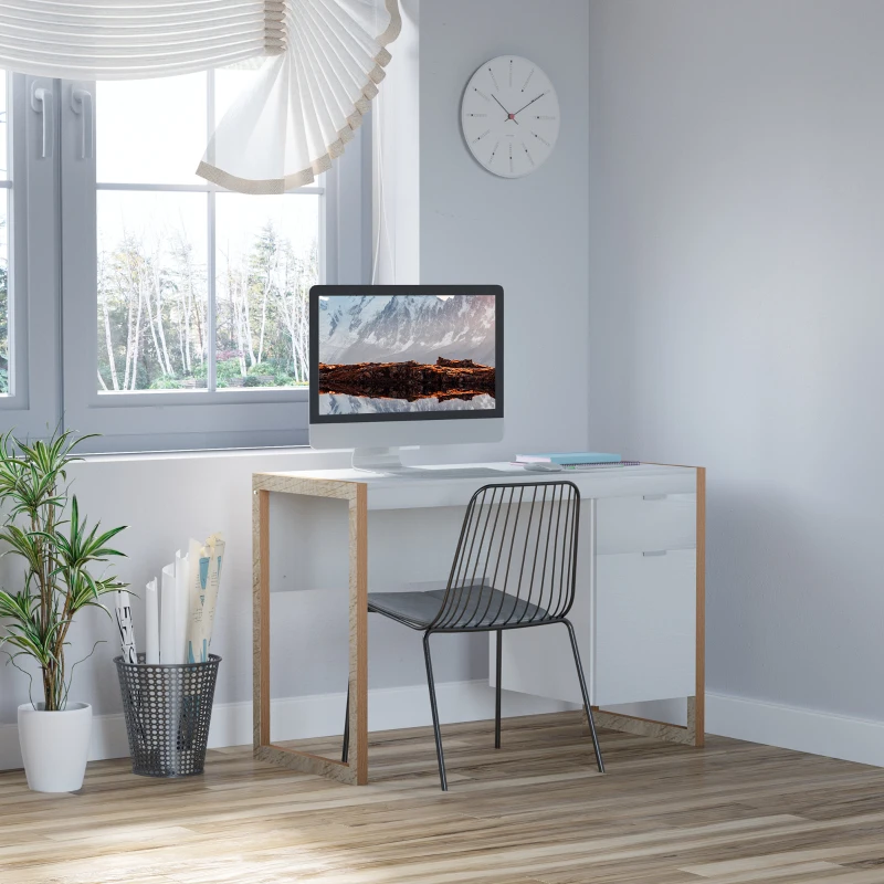 HOMCOM Mesa de Escritorio Espaciosa con Cajón Armario Patas en Forma de Marco de Estilo Moderno 112,5x50x75,5 cm Blanco