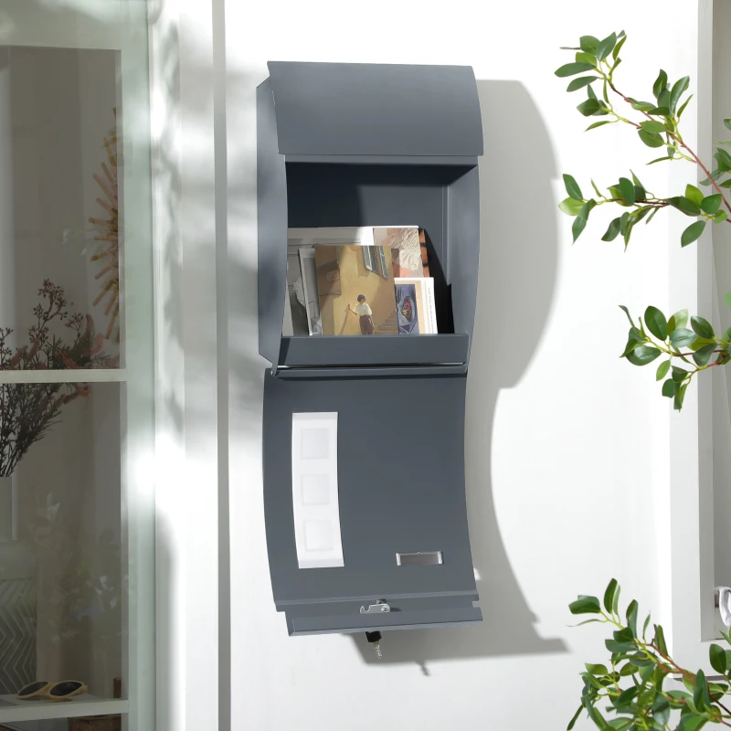 HOMCOM Cassetta Postale Ricurva in Acciaio con 3 Fessure e 2 Chiavi di Sicurezza 45x10x32 cm, Grigio