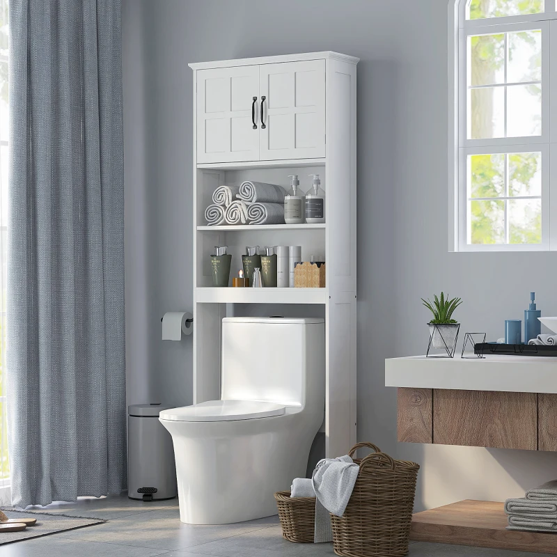 kleankin Mueble sobre Inodoro con 2 Puertas Estantes Abiertos y Estante Ajustable Mueble para Baño 66x23x178 cm Blanco