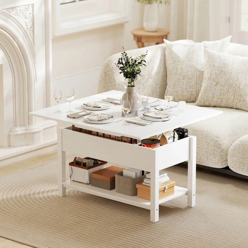 HOMCOM Mesa de Centro Elevatória e Extensível Mesa de Sala com Compartimento Oculto Prateleira Aberta 100x45x50,5 cm Branco