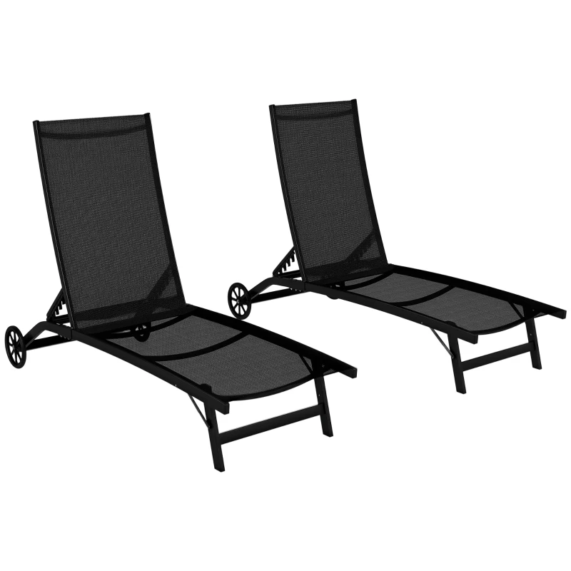 Outsunny Lot de 2 bains de soleil en aluminium et textilène avec roulettes dossier inclinable charge max. 150 Kg noir