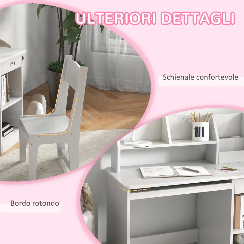 ZONEKIZ Banco Scuola e Sedia per Bambini da 5-8 Anni con Scaffale e Mensola Estraibile in Legno Bianco