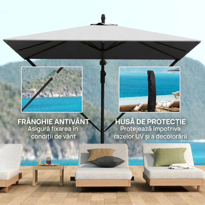 Outsunny Umbrelă de grădină suspendată 2,5x2,5 m cu manivelă, înclinabilă și rotativă cu husă, gri