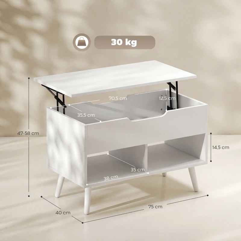 HOMCOM Tavolino da Caffè con Piano Sollevabile e Spazio Nascosto, 75 cm Bianco Punzonato