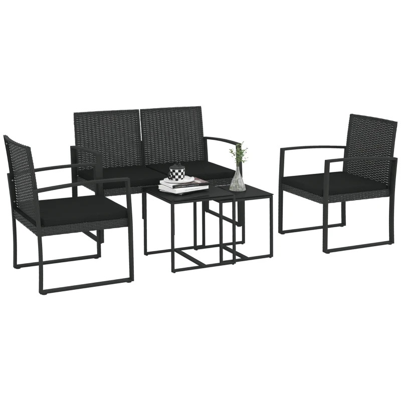 Outsunny Set de Grădină cu 2 Scaune, Canapea și 2 Mese cu Perne și Blat din Sticlă, Negru