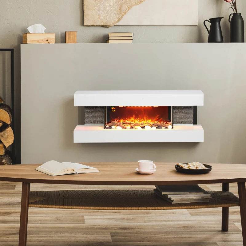 HOMCOM Cheminée électrique 120 cm murale, cadre en verre, effet de flamme LED réglable, télécommande, 2000W