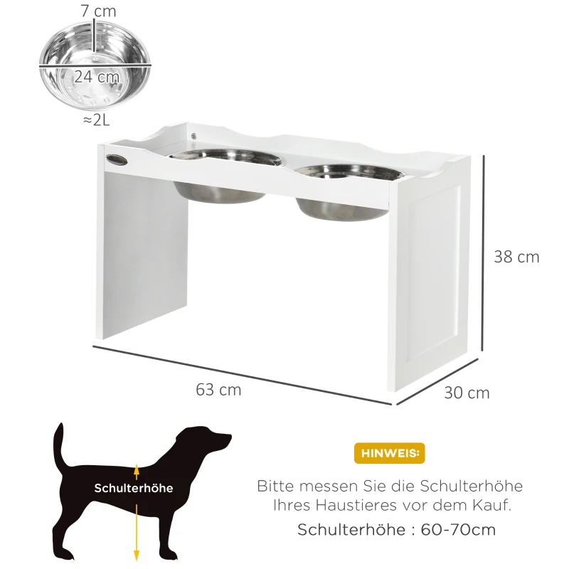 PawHut Estação de Alimentação Suporte para Tigelas 2 Comedouros de 2 L Cada Aço Inoxidável para Cães Grandes 63x30x24 cm Branco