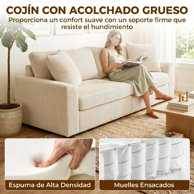 HOMCOM Sofá de 3 Plazas Tapizado en Pana con 2 Almohadas Reposabrazos y Cojín de Muelles para Salón 212x80x88 cm Crema