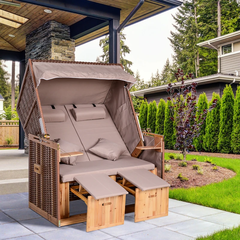 Outsunny Corbeille de plage 2 places - Cabine chaise de plage inclinable - abri plage strandkorb - coussins, repose-pieds, tablettes, pare-soleil - bois résine tressée polyester taupe