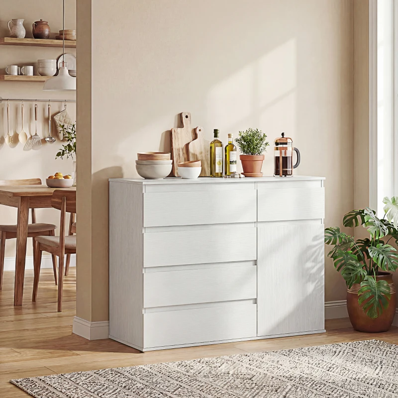 HOMCOM Modern Chest Of Drawers, 5 Drawer Dresser with Adjustable Shelf, Soft-Close Door, White