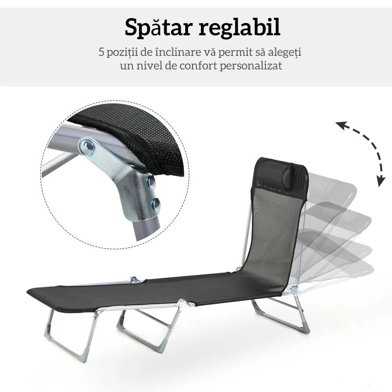 Outsunny Șezlong Pliabil cu Spătar Reglabil pe 5 Niveluri și Pernă, Șezlong de Grădină cu Material Texteline, pentru Plajă Piscină Grădină, 182x56x28 cm, Negru
