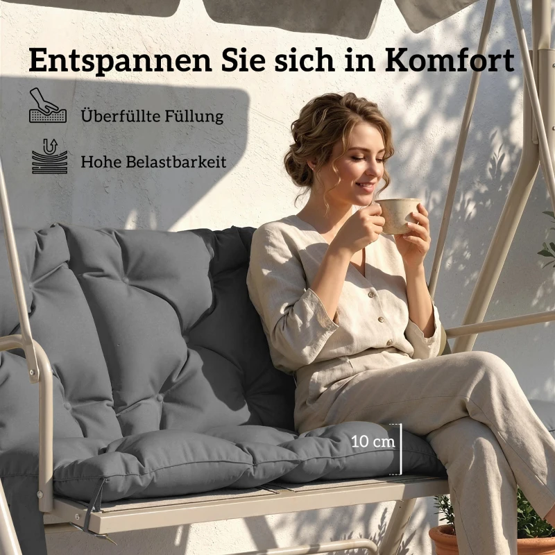 Outsunny Bankauflage 150x100x10 cm 3-Sitzer Bankkissen mit Bändern, Rückenlehne UPF30+ mit Seitentasche， dunkelgrau