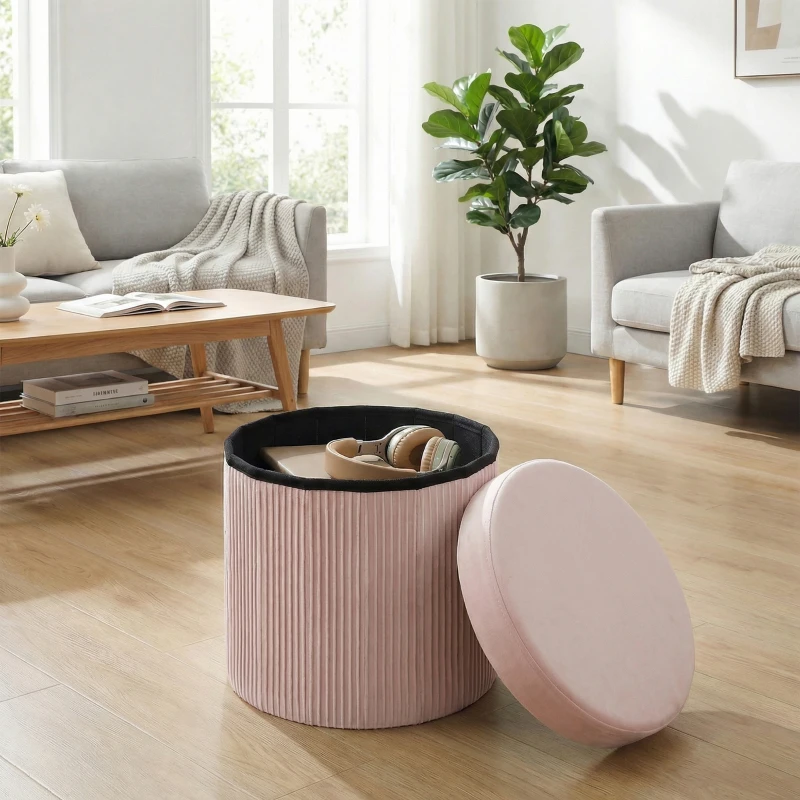 HOMCOM Puff Almacenaje Banco Almacenaje Plegable 35 L 38x38x38 cm Tapizado en Terciopelo Baúl de Almacenamiento Redondo Rosa