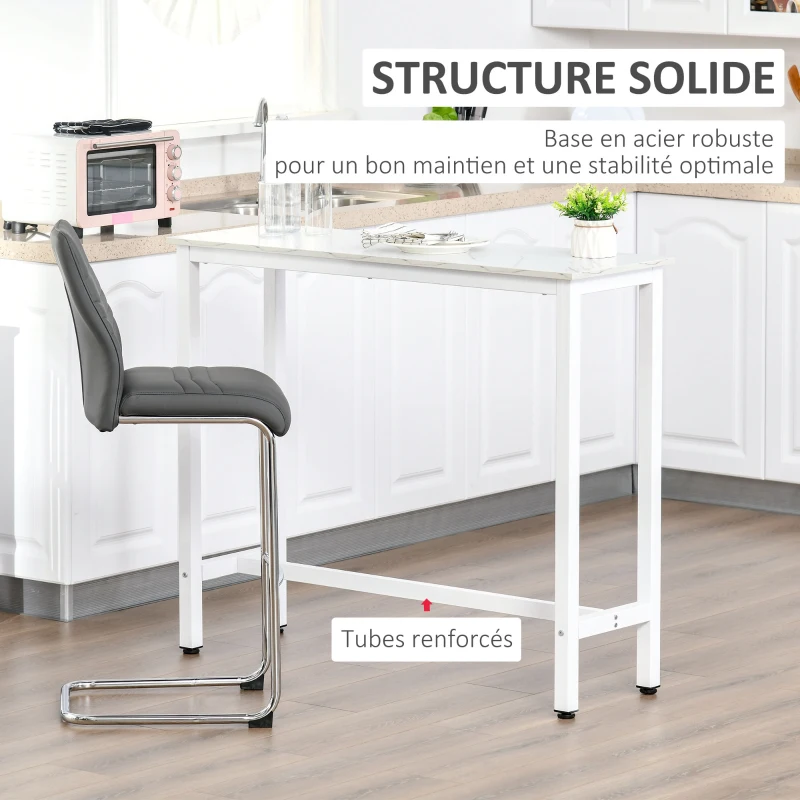 HOMCOM Table de bar table haute de cuisine mange-debout 120 x 40 x 100 cm châssis piètement acier, plateau aspect marbre blanc