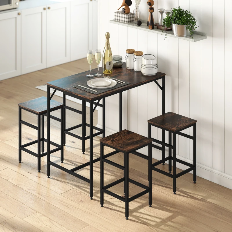 HOMCOM Mesa Alta de Cocina con 4 Taburetes Industrial Reposapiés Ahorro de Espacio para Espacios Reducidos Marrón Rústico