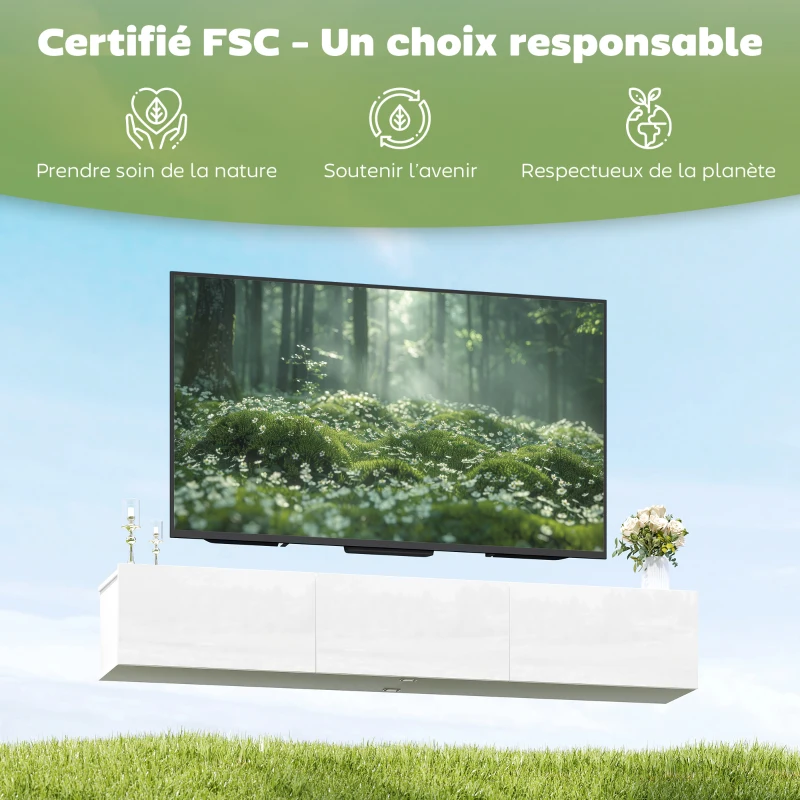 HOMCOM Meuble TV Suspendu 180 cm, Meuble télé pour téléviseur jusqu'à 82 Pouces 3 Portes Rabattables à Fermeture Douce, Blanc